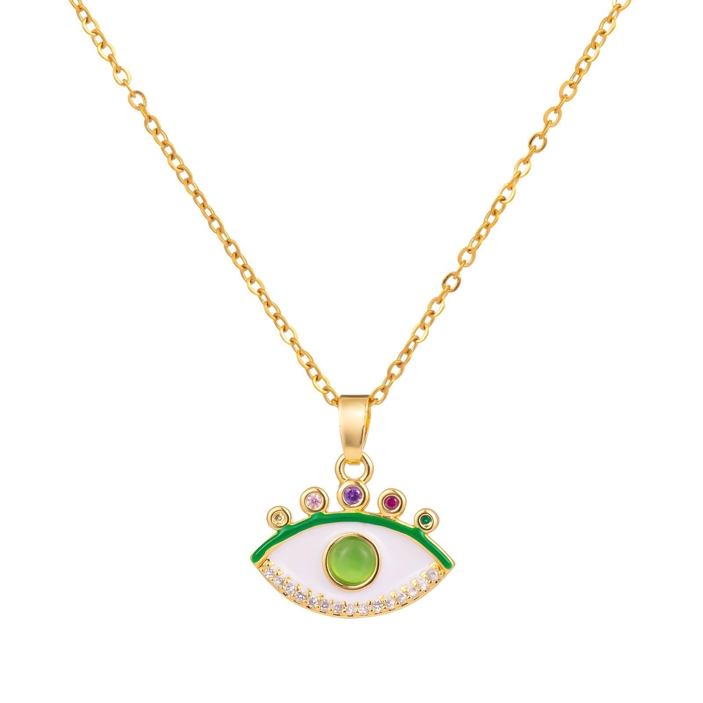 Gold Evil Eye Necklace with Green and Purple Accents